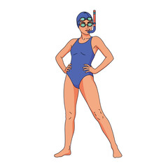 Swimmer Woman Illustration Blue Swimsuit, Goggles, Snorkel, Pose