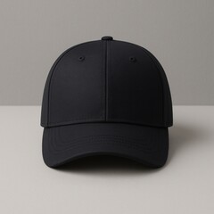A plain black baseball cap displayed on a light surface against a gray background.