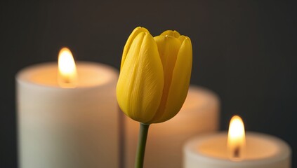 Illuminated Still Life with Floral Accent and Blurred Background of Candles.