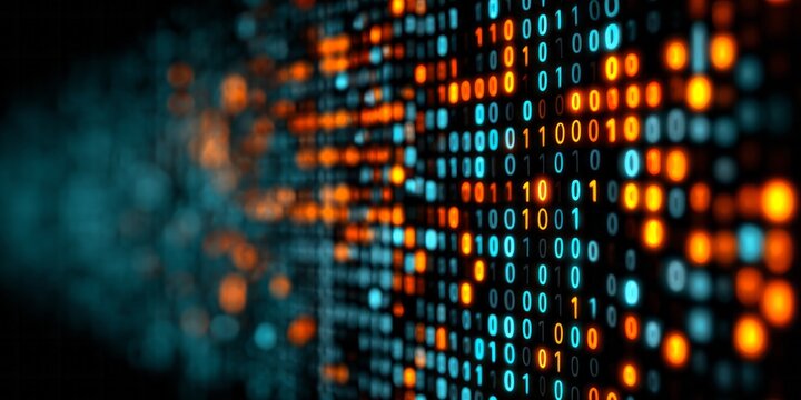 Digital data stream composed of luminous blue and orange binary code flows across a dark background