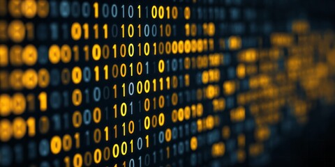 Illuminated binary code streams across a dark digital display with shallow depth of field focus