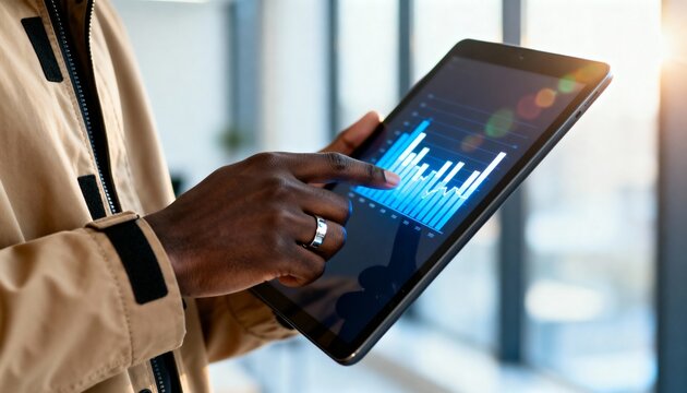 African man analyzing a financial chart on a tablet indoors during daytime