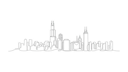 Obraz premium Chicago Skyline Silhouette: A minimalist line drawing captures the essence of the iconic Chicago skyline, showcasing its famous architecture and urban landscape in a clean and modern style.