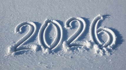 The year 2026 is written in the snow with clear outlines and shadows.