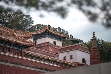 Beijing, China's Summer Palace, an ancient building revealed in close up details. Rooftops and...