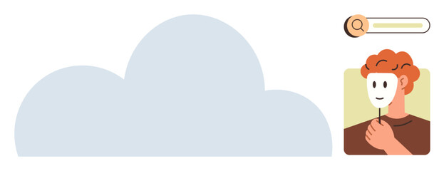 Person holding theatrical mask symbolizing anonymity large cloud, search bar for cloud services and digital themes. Ideal for online identity, data security, privacy, cloud tech, anonymity, cyber