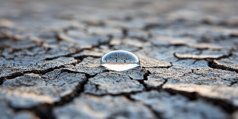 Single water drop on dry cracked earth highlights drought impact Generative AI