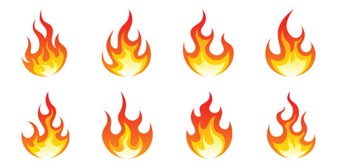 Cartoon fire flames, flame icons, campfire, Red hot flames campfire, set vector icons. Fire sign. Fire flame icon isolated on white background. Vector illustration