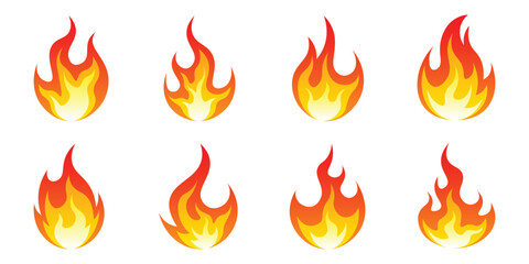Cartoon fire flames, flame icons, campfire, Red hot flames campfire, set vector icons. Fire sign. Fire flame icon isolated on white background. Vector illustration
