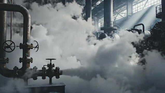 Powerful industrial machinery releasing steam in a vintage factory setting