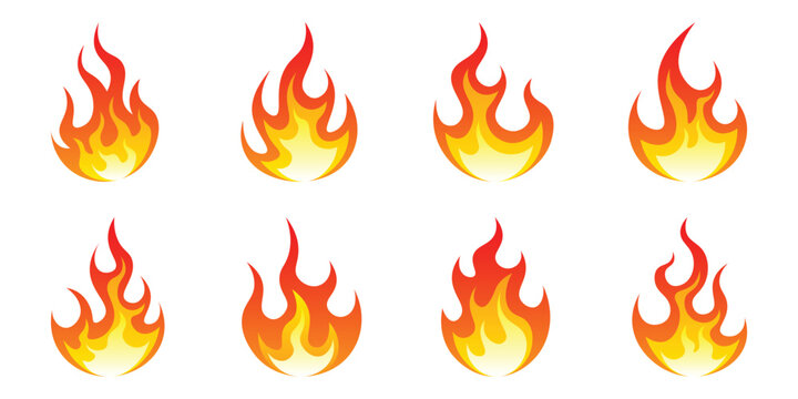 Cartoon fire flames, flame icons, campfire, Red hot flames campfire, set vector icons. Fire sign. Fire flame icon isolated on white background. Vector illustration