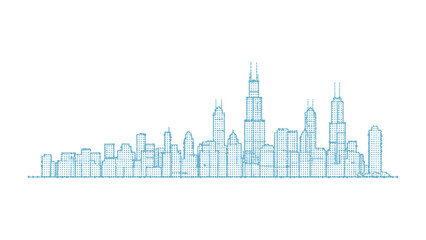 Obraz premium Cityscape Vector Outline: A simple vector illustration of a Chicago city skyline, featuring iconic skyscrapers and architectural landmarks in blue line work against a white backdrop.