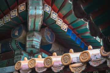 A close-up view of the ancient building's details at the Summer Palace in Beijing, China. The...