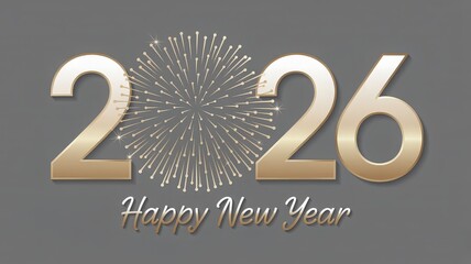 Golden 2026 text with a firework burst and Happy New Year message on a grey background.