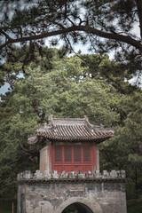 Close-up view of an ancient building in Beijing, China, at the Summer Palace. Architectural details are captured. A historical moment.