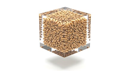 Wheat grains tightly packed inside a clear acrylic cube on a white background creating a modern art piece