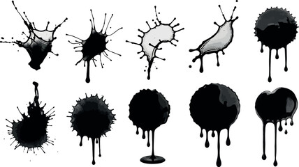Vector Ink Splatter Collection Black Fluid Blob Paint Splash Set Creative Artistic Design Grunge Elements for Backgrounds and Decorations