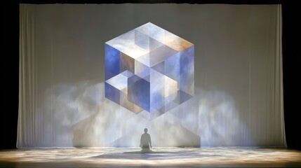 A lone figure sits beneath a luminous abstract cubic structure.