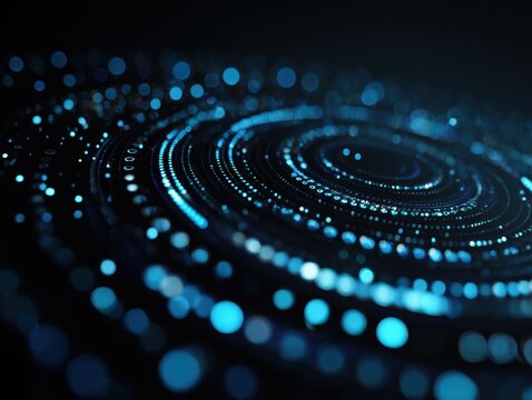 concentric circles of glowing dots in varying sizes and brightness create depth and movement in a predominantly blue abstract scene with ample copyspace concept of digital design and technology