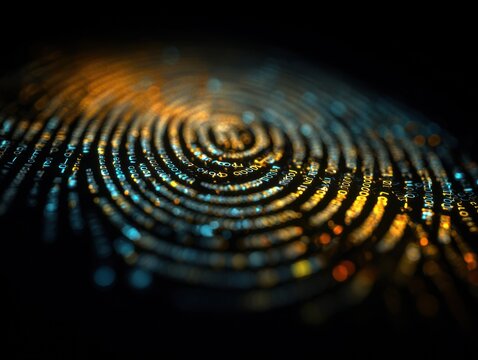 close-up of fingerprint pattern with digital binary code overlay in warm orange and cool blue colors in low lighting macro shot concept of technology security digital identity