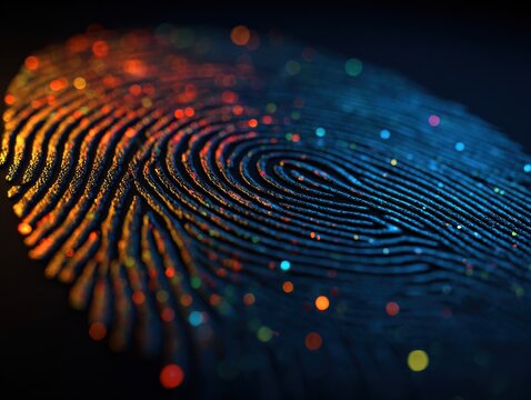 close-up of a colorful fingerprint with intricate ridge patterns in vibrant blues oranges and reds on a dark background with ample space for text on the right concept of technology security innovation