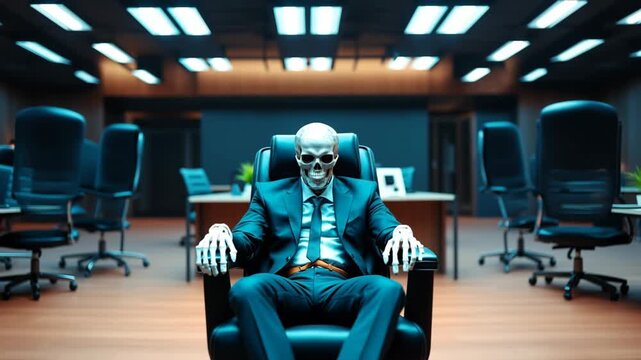 A skeleton CEO in a suit sits in an empty boardroom, a dark symbol of corporate burnout, failure, and soulless business &mdash; a cinematic metaphor for documentaries and social commentary.
