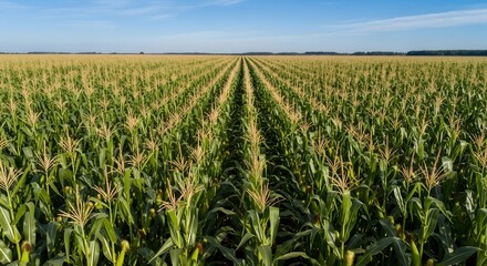 Drone view of a large corn plantation, corn neatly arranged with a background of large corn.