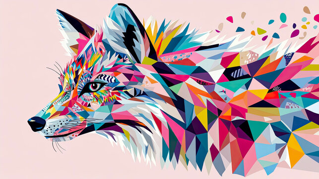 Strikingly vibrant abstract fox, depicted through mosaic of intricate geometric polygons and explosion of diverse colors, dynamically emerging on soft pastel pink backdrop