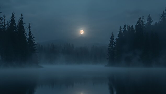 Serene Lake Reflections Under a Midnight Glow, Forest Silhouettes and Misty Veils.