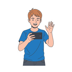 Boy Waving on Video Call, Smartphone Communication, Cartoon Illustration
