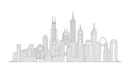 Urban Skyline: A modern linear illustration portrays a cityscape, showcasing the sleek lines and geometric forms of buildings and skyscrapers.