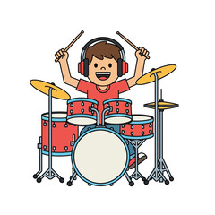 Boy Drummer Cartoon Kid Playing Drums with Headphones Illustration