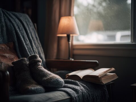 cozy scene with knitted socks on cushioned chair draped with gray blanket and open book beside under warm lamp light with rainy window view concept of relaxation comfort tranquility