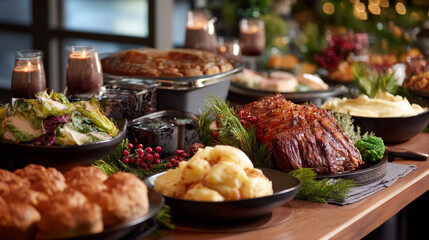 Festive holiday table laden with a variety of dishes and decorative elements