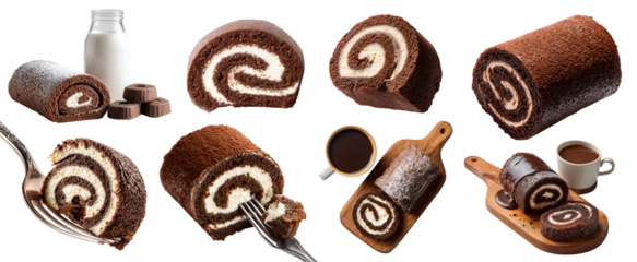 Set of choco swiss roll chocolate jelly roulade roll-up sponge cake with jam cream icing fillings, slice pile, wooden serving board, milk and dipping, transparent cutout PNG. Many different Mockup	