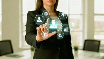 Businesswoman interacting with digital hexagonal interface in office setting