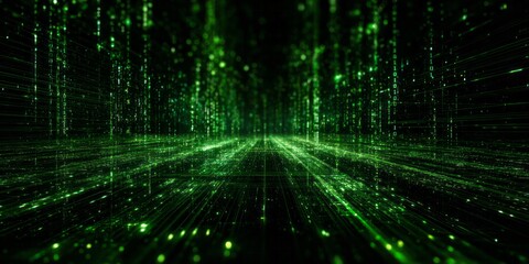 Digital stream of luminous green particles flows through a dark, receding tunnel space