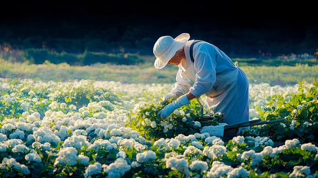 Serene scene of diligent worker in wide-brimmed hat carefully hand-picking fresh white produce amidst rows of flourishing plants in golden hour field, embodying agricultural dedication and natural bea