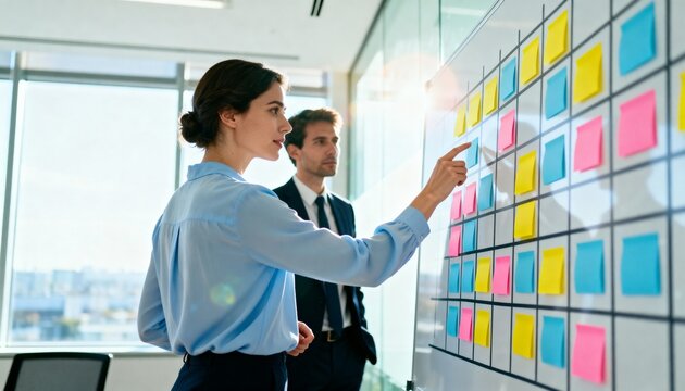 Businesswoman presenting colorful sticky notes on planning board to colleague.