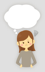 吹き出し付きの悩んでいるシンプルで可愛い女性のイラスト