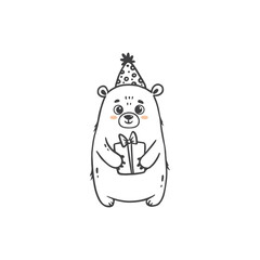 Cute cartoon bear with gift. Teddy bear in doodle style for greeting card. Happy birthday. Vector illustration