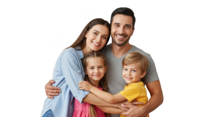Happy family portrait parents hugging young children joyful togetherness together forever love isolated on transparent background