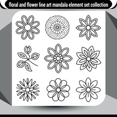 Floral flower line art mandala element set collection decorative design vector