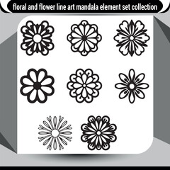 Set of nine delicate floral mandala line art elements for decorative design projects vector