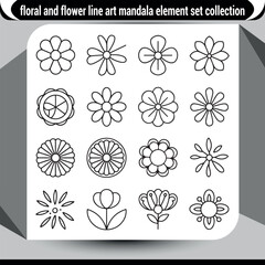 Floral line art mandala elements collection delicate hand drawn flower designs set vector