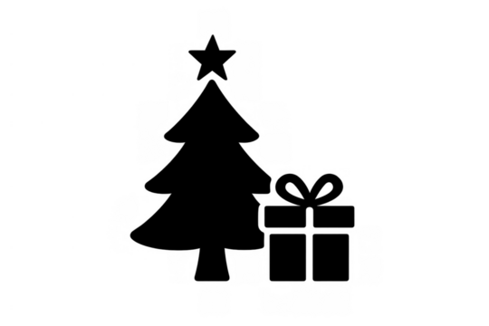 Christmas tree icon with star and wrapped gift box, celebrating winter holidays and season design element - Powered by Adobe