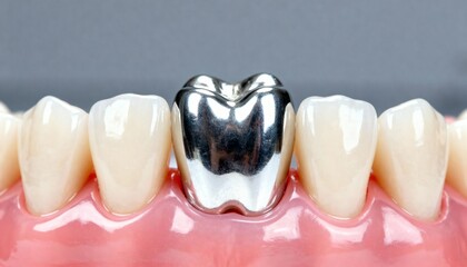 Close-up of teeth with a silver crown dental restoration procedure.
