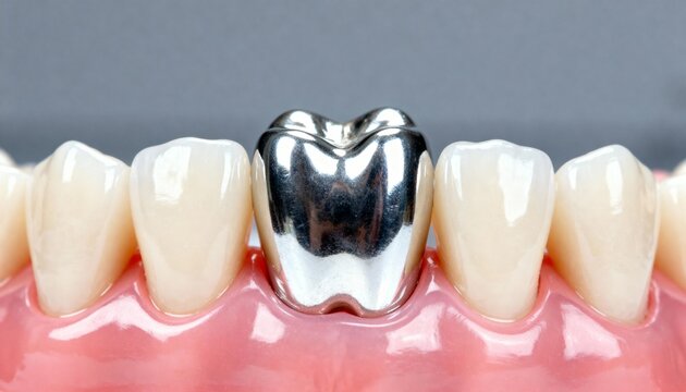 Close-up of teeth with a silver crown dental restoration procedure.