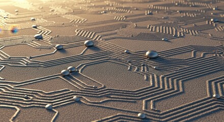 Closeup view of a futuristic circuit board with metallic droplets on its surface, illuminated by warm, golden sunlight