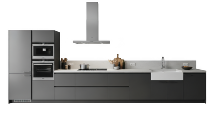 Modern kitchen design with sleek appliances and island countertop for contemporary homes isolated on transparent background